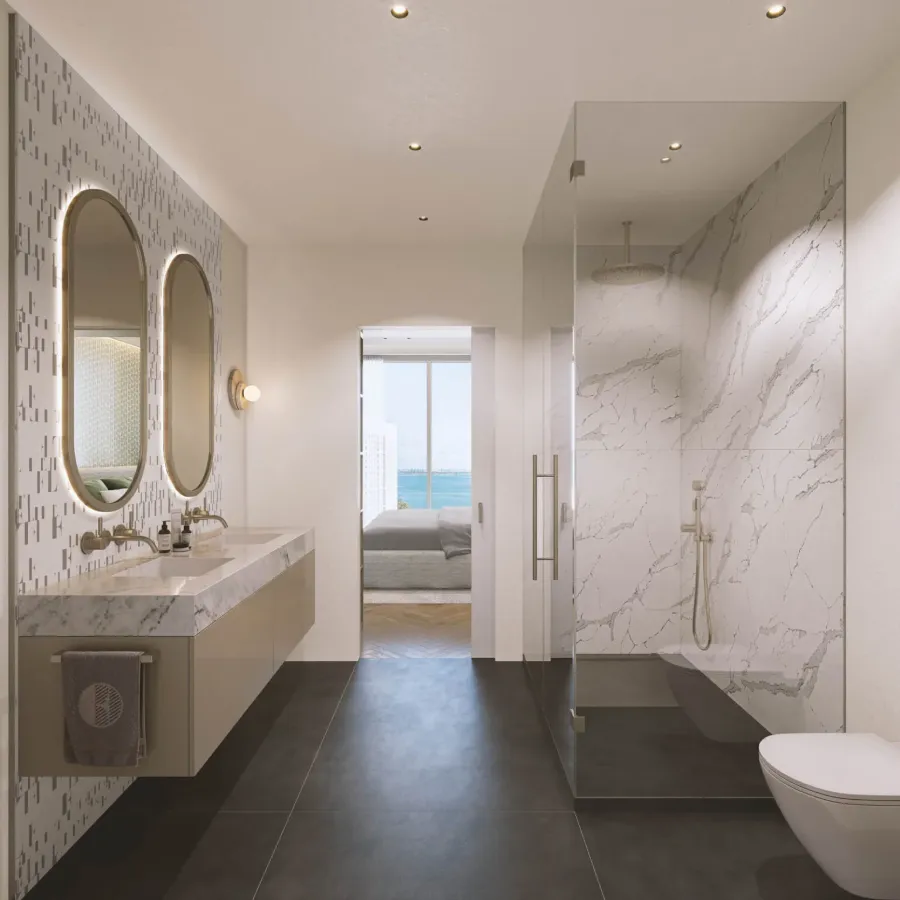 Baño principal en mármol de una unidad de ELLE
